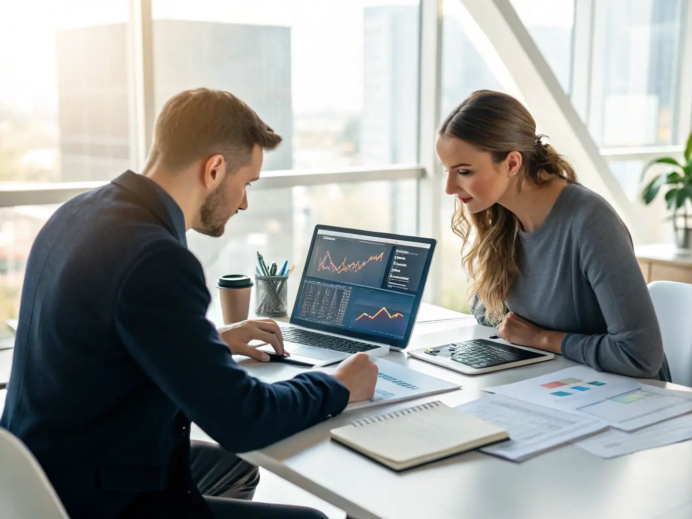 A professional photograph showcasing a diverse team of financial analysts collaborating in a modern office setting, reviewing data on multiple computer screens, symbolizing NMI's commitment to providing expert financial solutions.