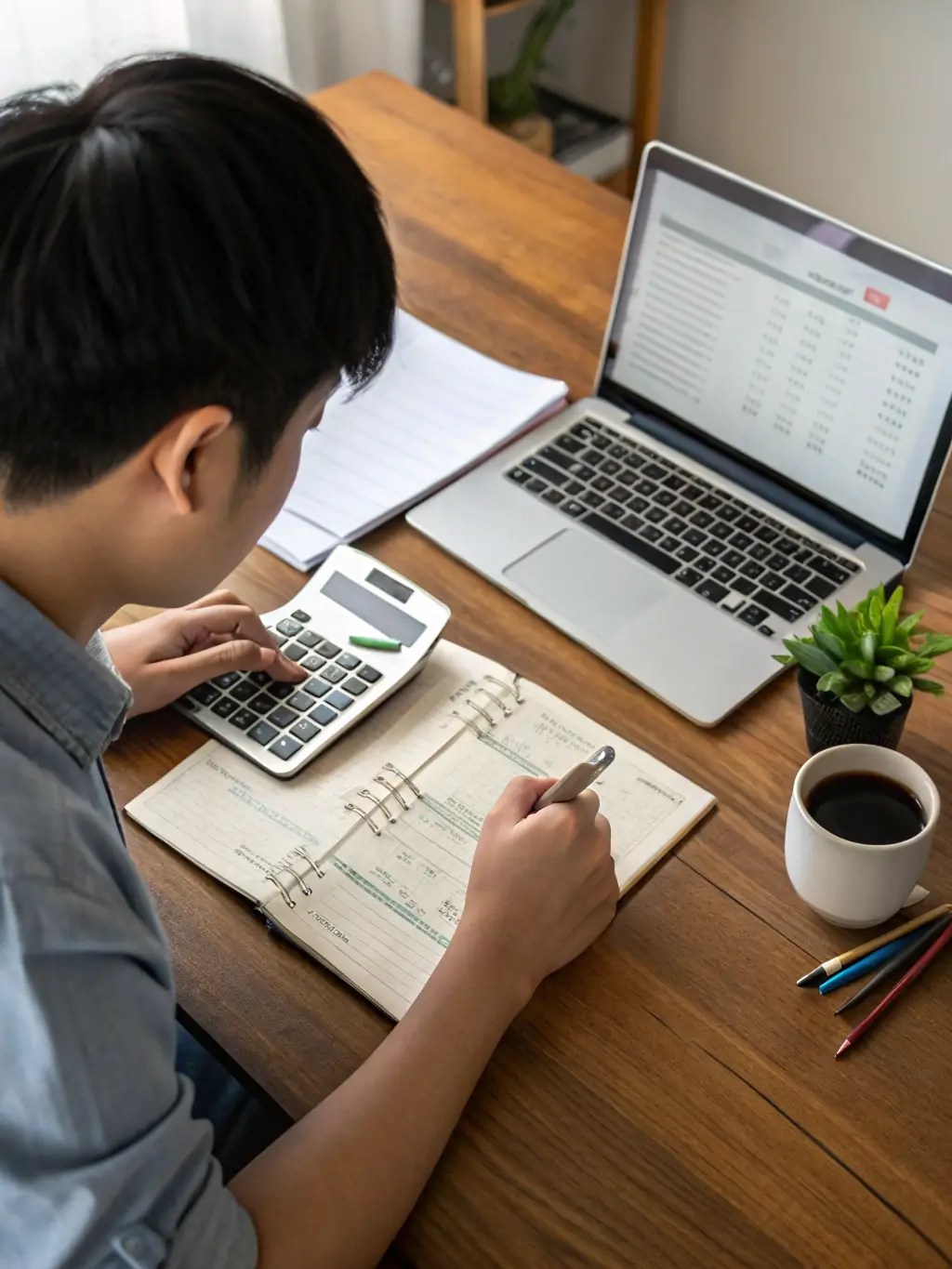 A person reviewing loan documents with a calculator and financial charts in the background, suggesting careful financial planning.
