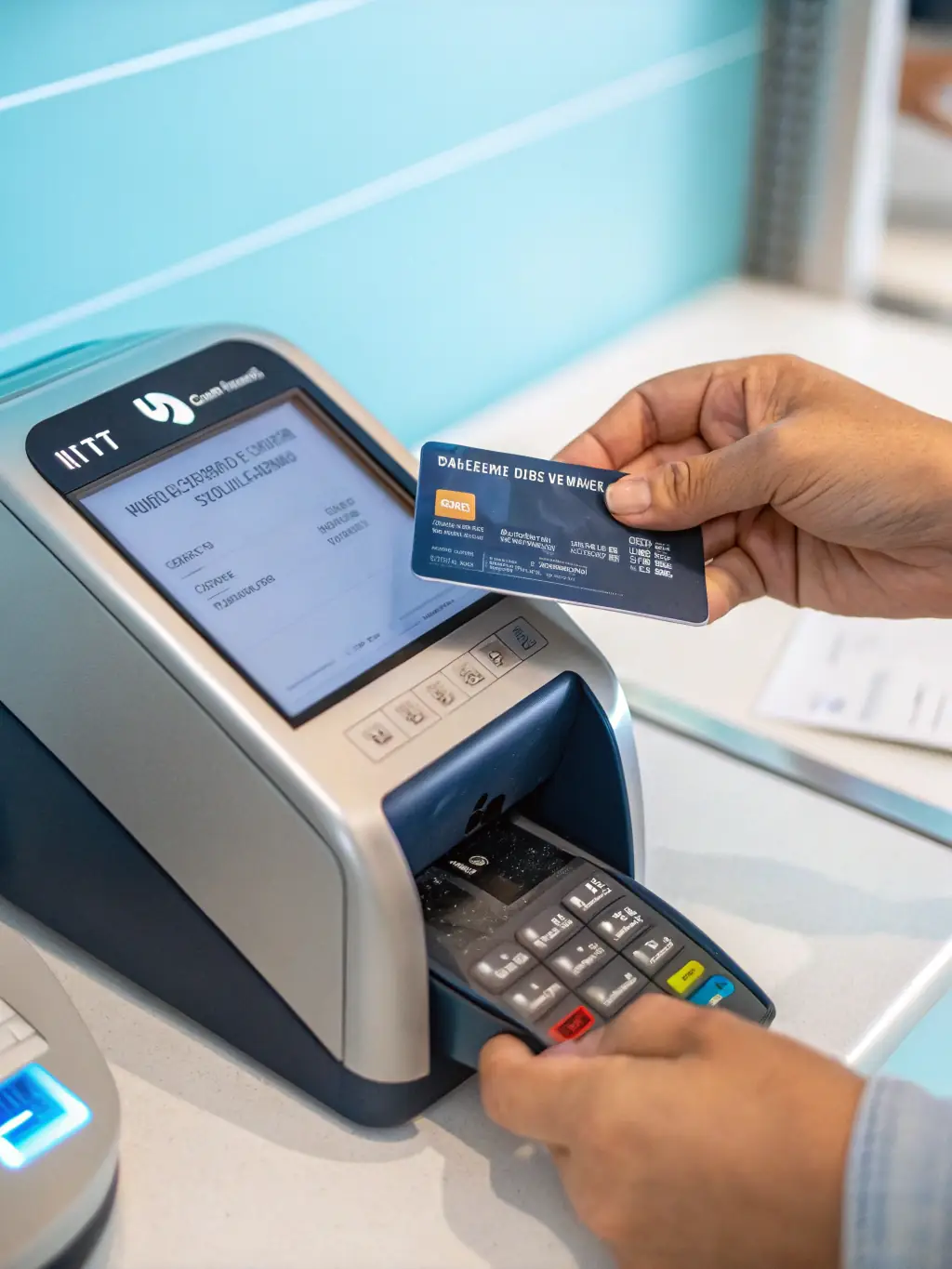 An image showcasing a variety of credit cards being processed through a modern POS system, highlighting the wide acceptance of card types.