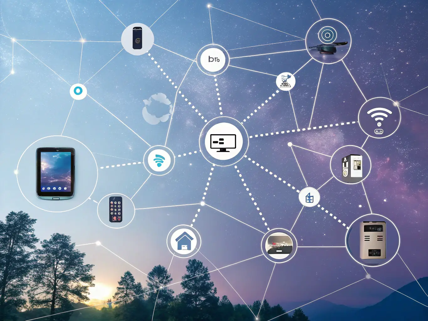 A conceptual image featuring a network of interconnected devices and financial data points, illustrating NMI's integrated financial ecosystem and its ability to connect businesses with essential financial services.